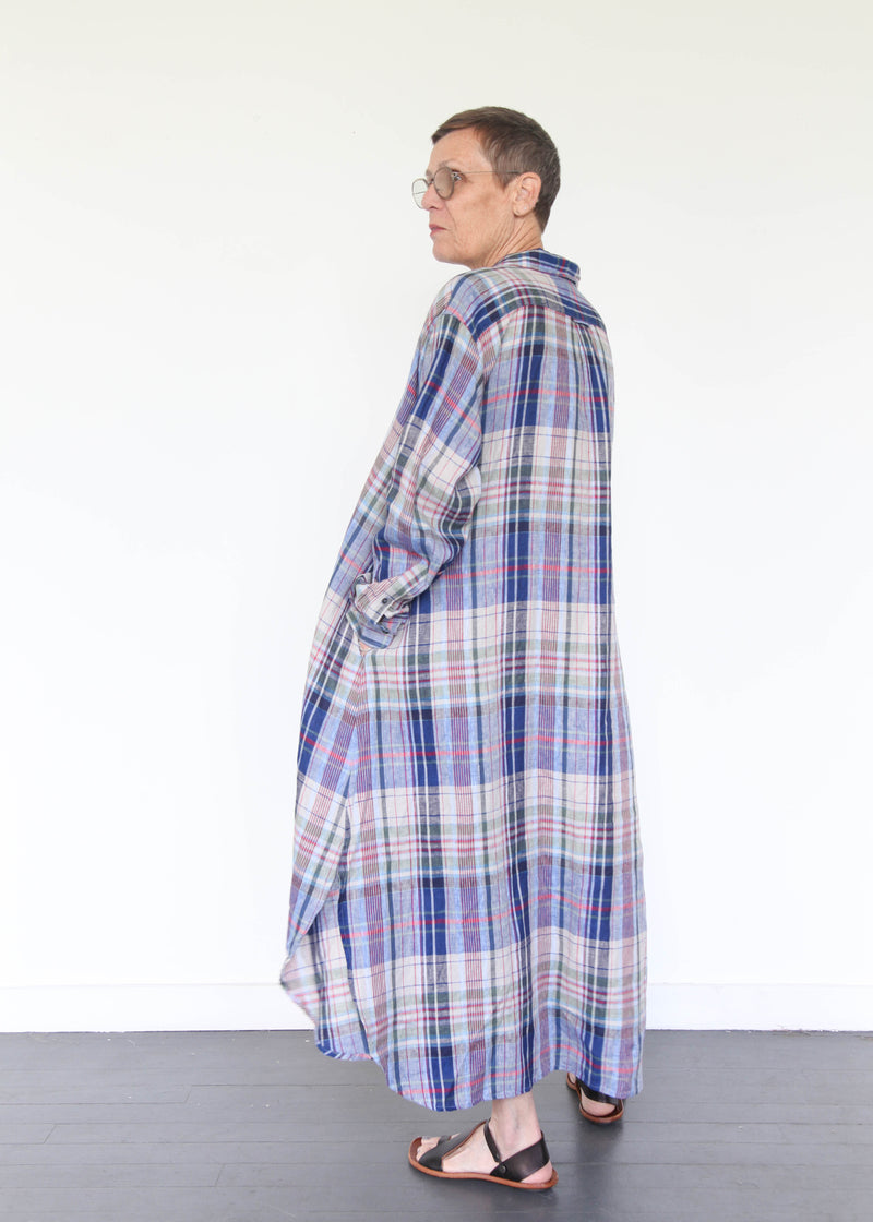 Linen Check Shirt Dress - Navy