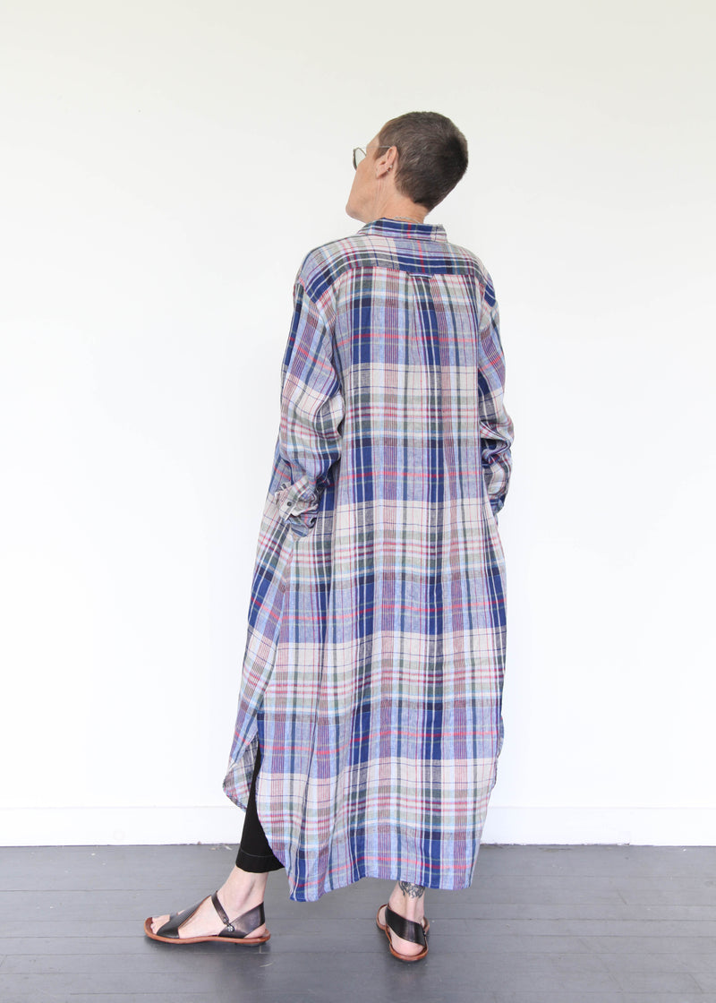 Linen Check Shirt Dress - Navy