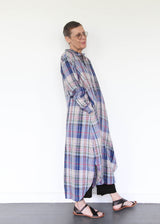 Linen Check Shirt Dress - Navy