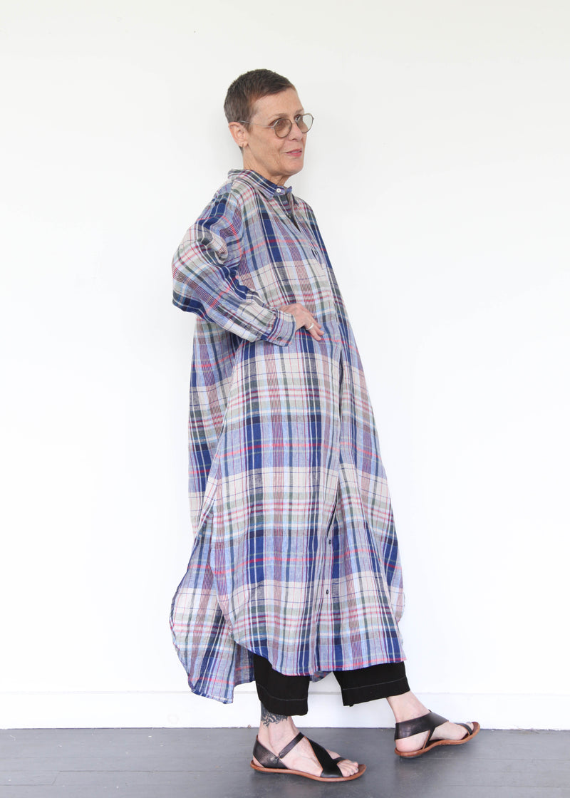 Linen Check Shirt Dress - Navy