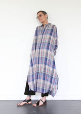 Linen Check Shirt Dress - Navy