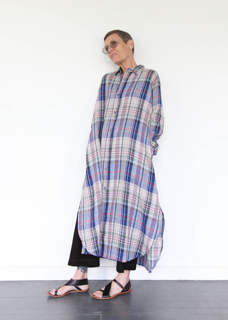 Linen Check Shirt Dress - Navy