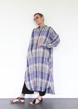 Linen Check Shirt Dress - Navy