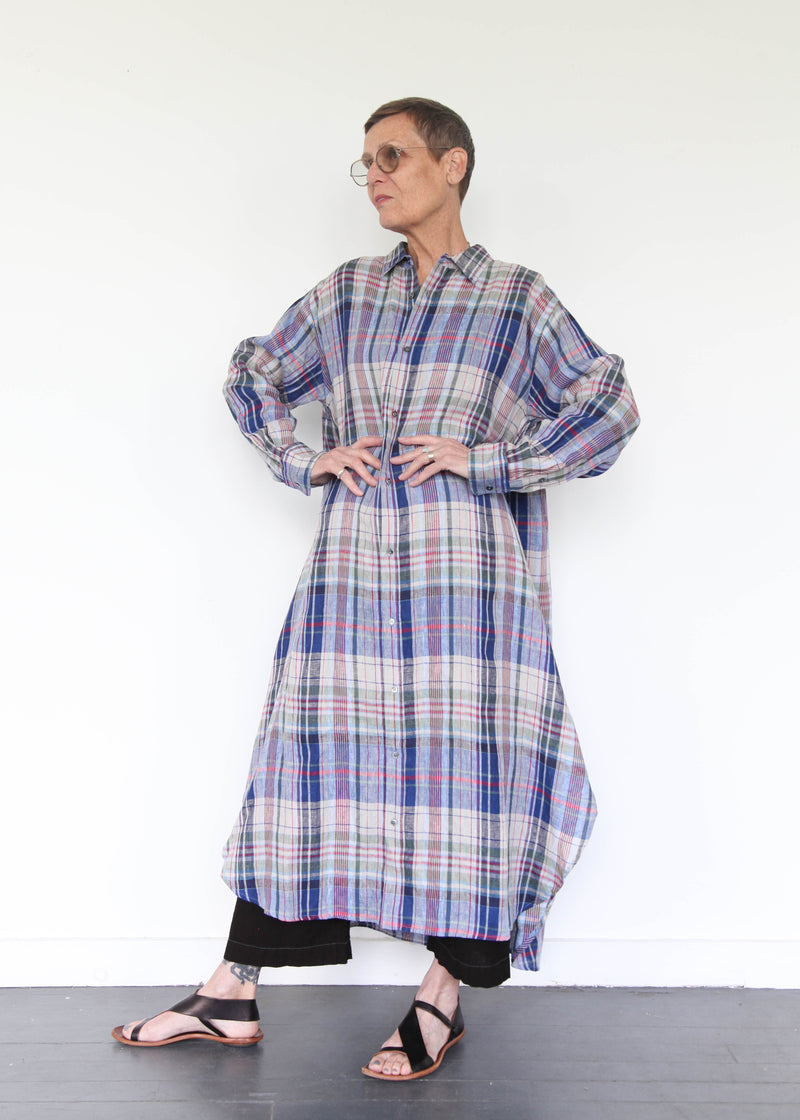 Linen Check Shirt Dress - Navy