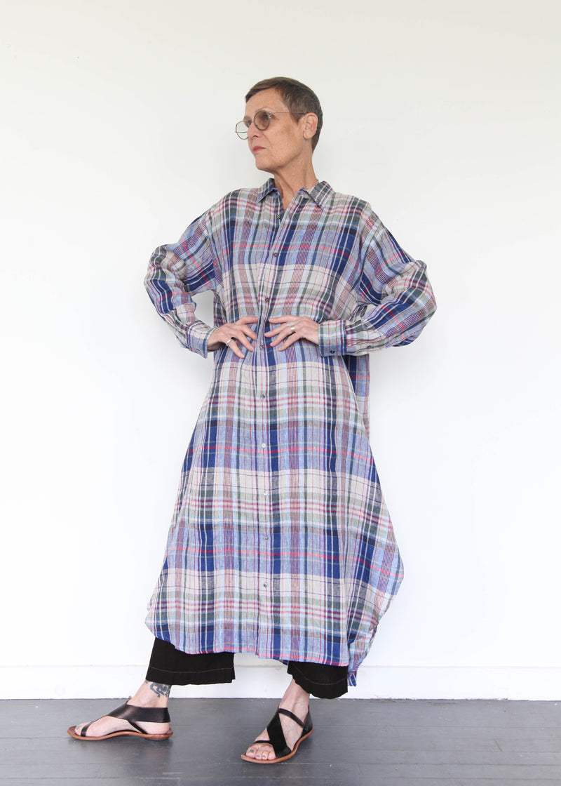 Linen Check Shirt Dress - Navy