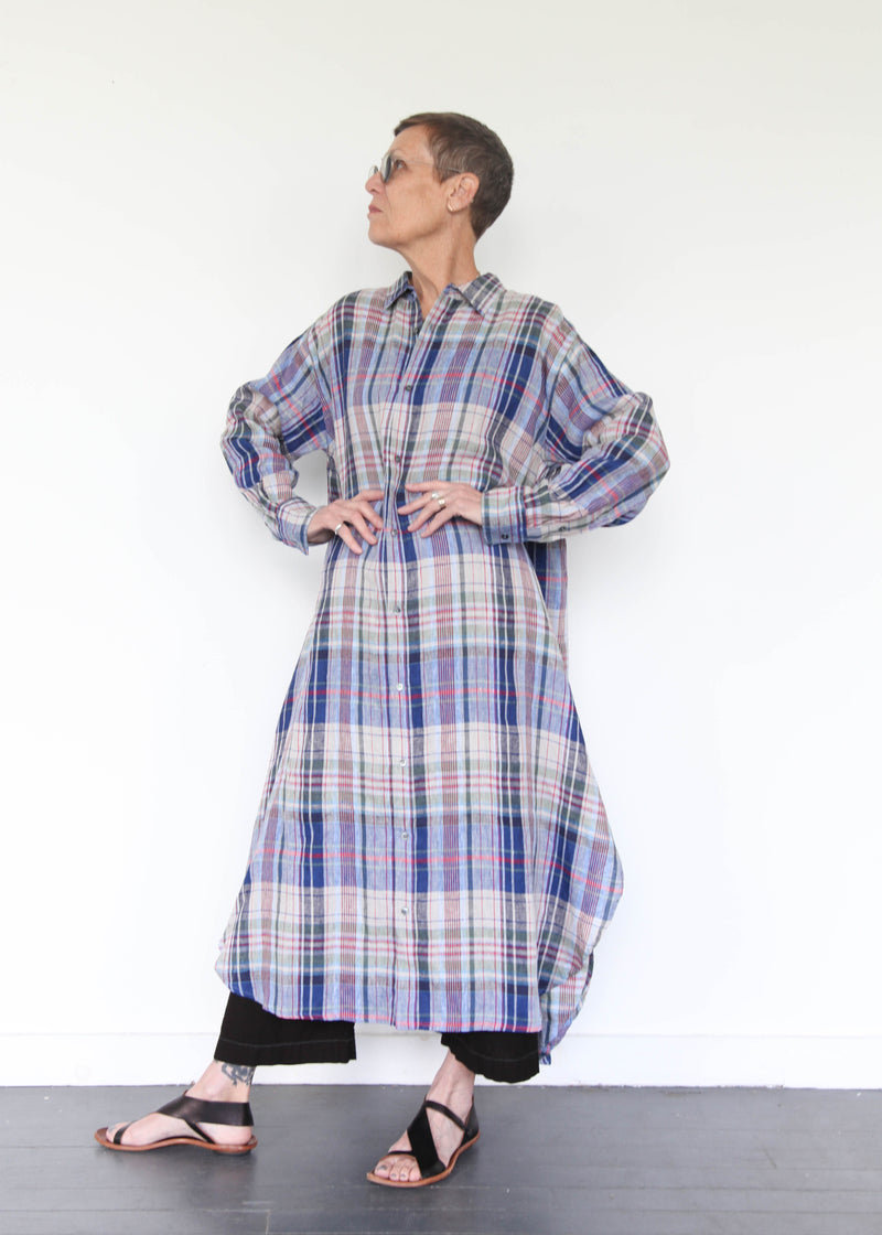 Linen Check Shirt Dress - Navy