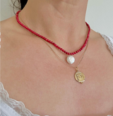 Red Coral Bead Necklace with Pearl Pendant 