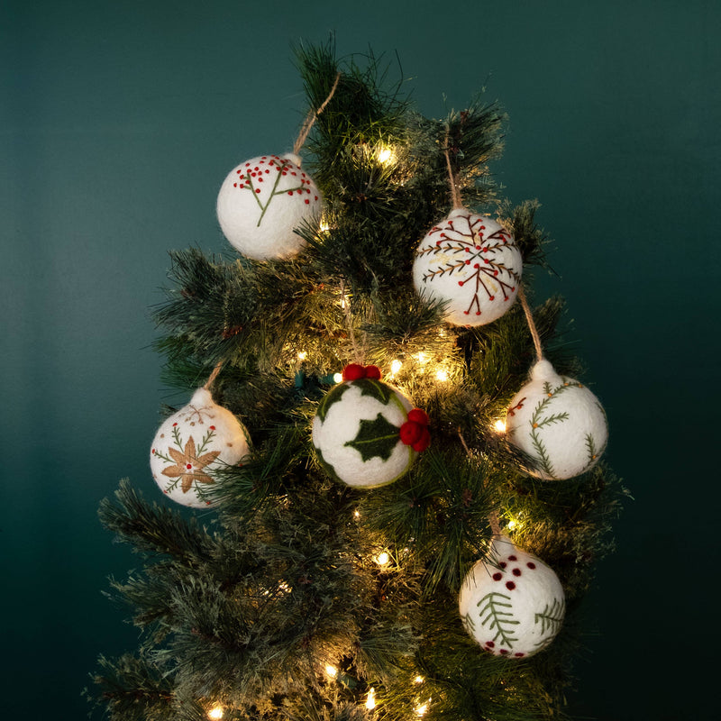 Holiday Felt Ball Ornament Hand Embroidered White Assorted