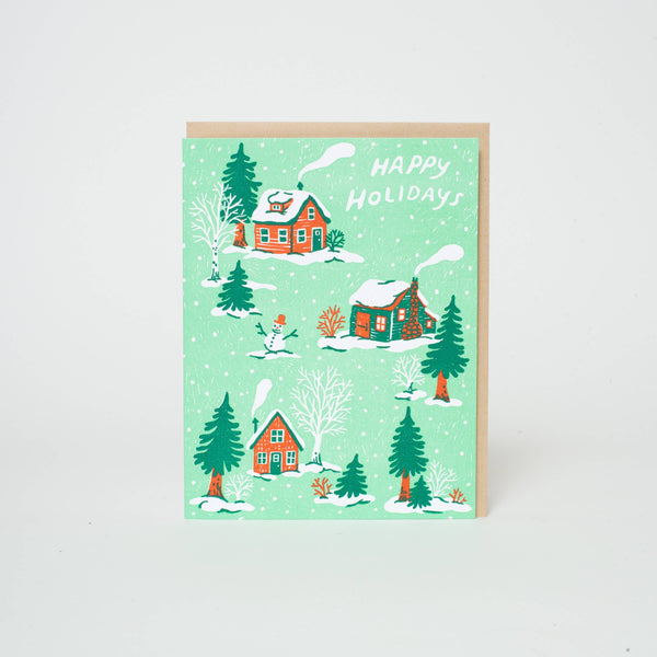 Happy Holidays Christmas Cottages Letterpress Greeting Card by Phoebe Wahl