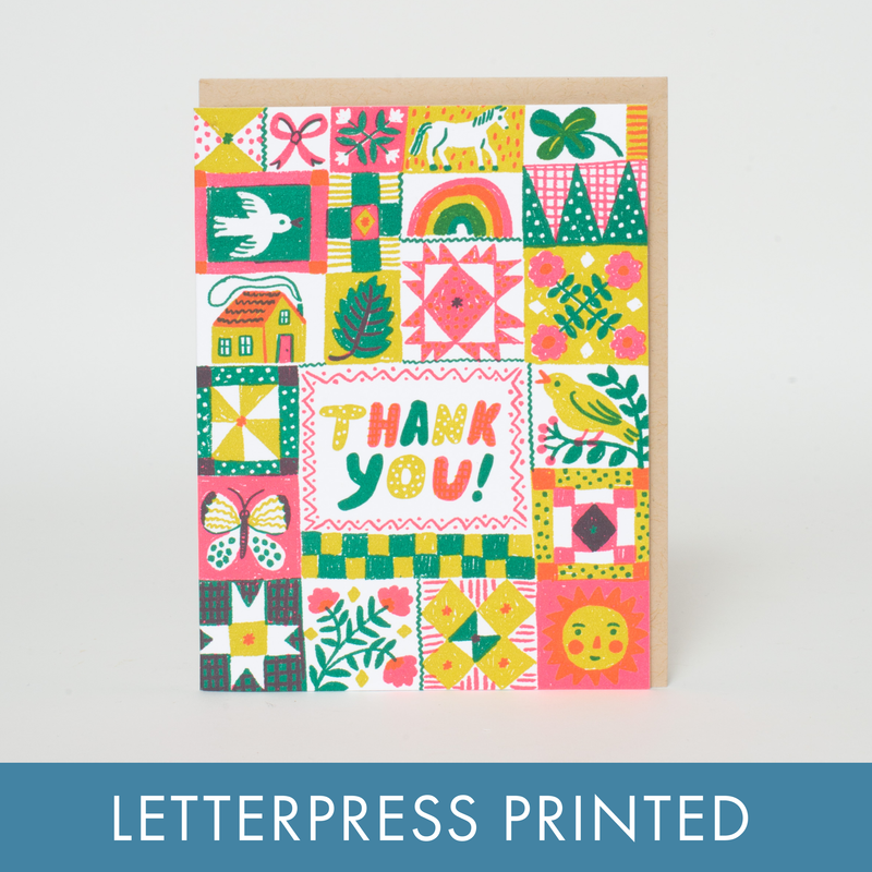 Folk Quilt Thanks Letterpress Greeting Card by Phoebe Wahl