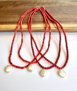 Red Coral Bead Necklace with Pearl Pendant 