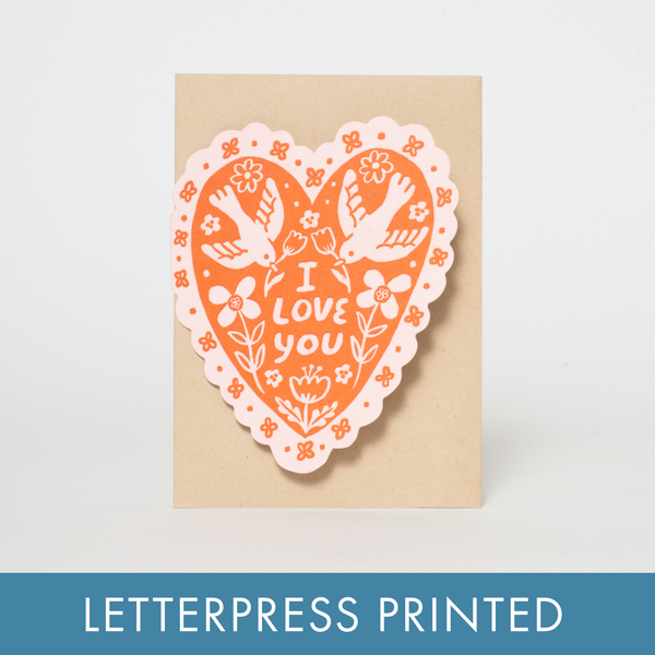 Love Birds Heart Letterpress Greeting Card by Phoebe Wahl