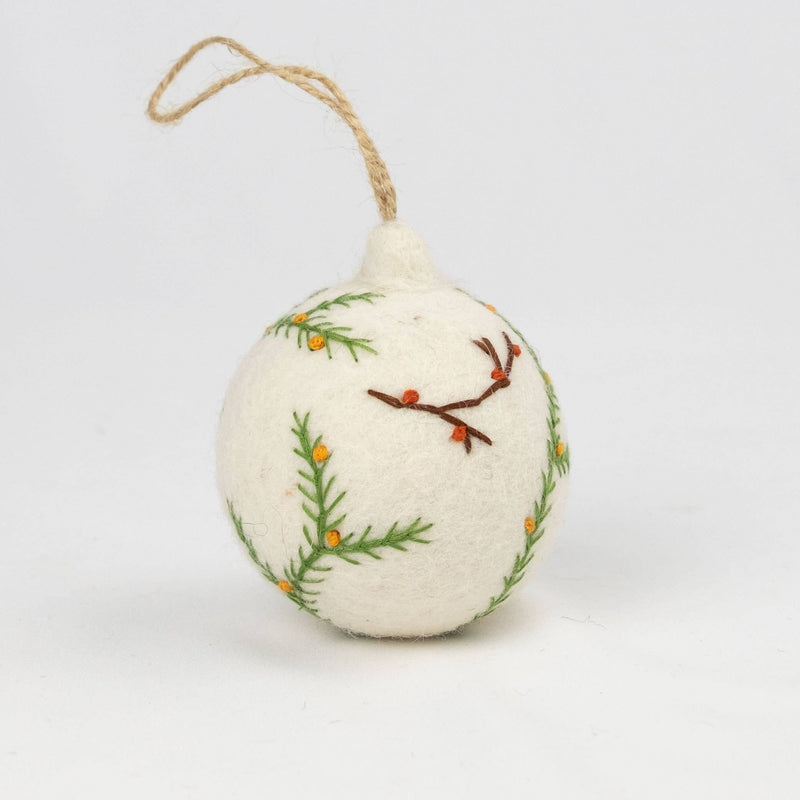 Holiday Felt Ball Ornament Hand Embroidered White Assorted