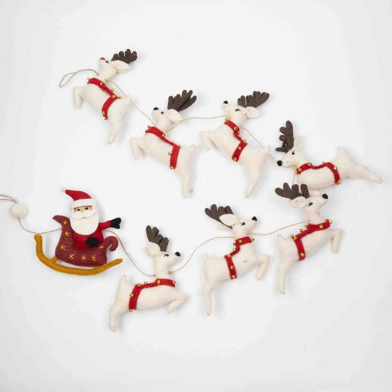 Garland - Santa with Sleigh and 7 Reindeer -White - NEW!