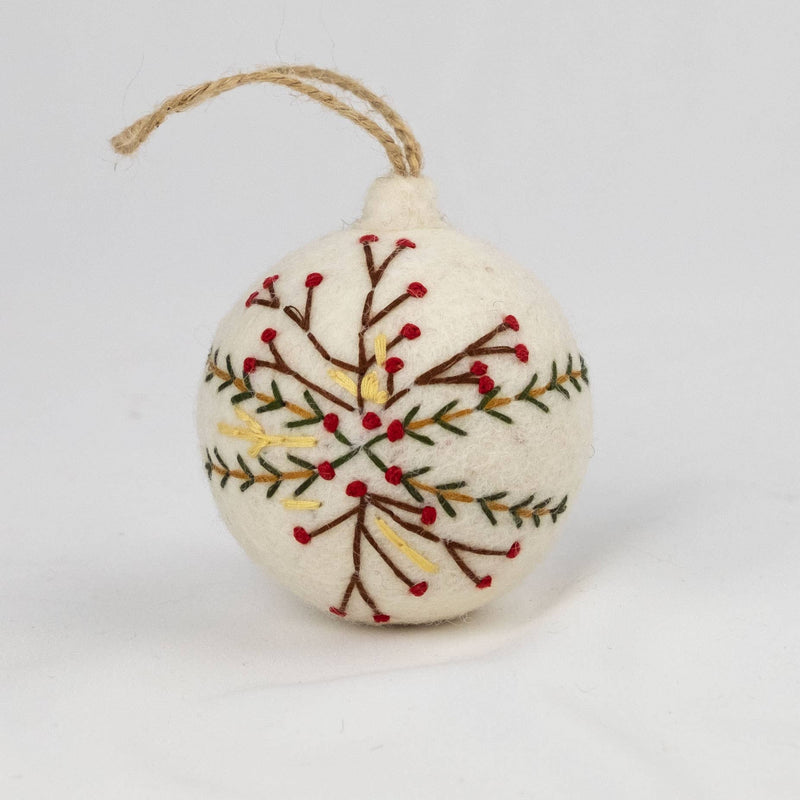 Holiday Felt Ball Ornament Hand Embroidered White Assorted