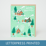 Happy Holidays Christmas Cottages Letterpress Greeting Card by Phoebe Wahl