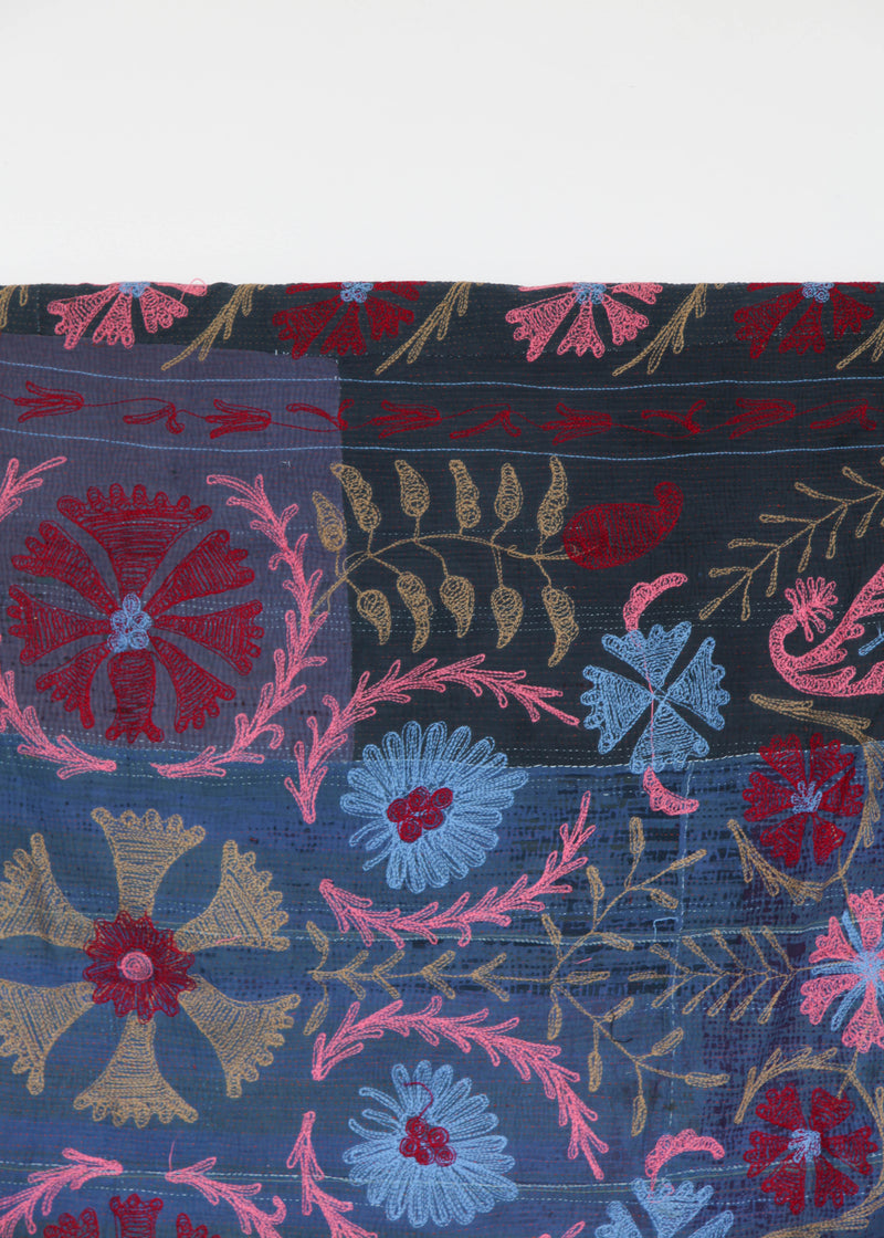 Kantha Quilt - Indigo w/ Floral Chain Stitch Embroidery