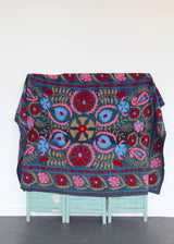 Kantha Quilt - Indigo w/ Floral Chain Stitch Embroidery