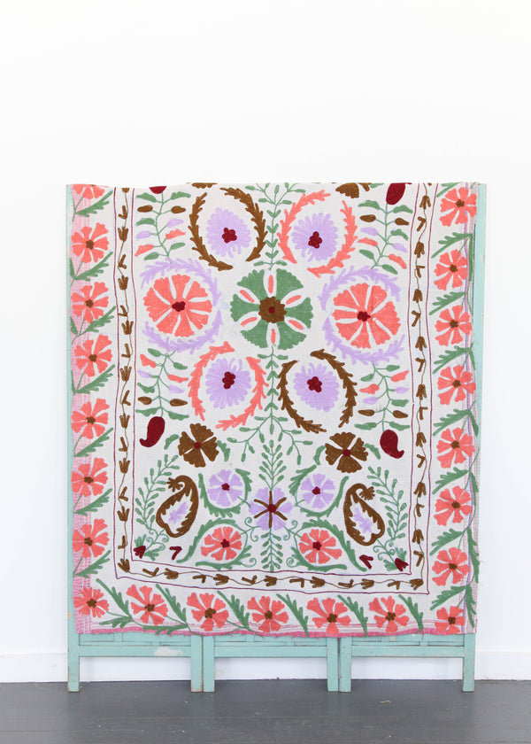 Kantha Quilt - White w/ Coral, Lilac, Green and Purple Chain Stitch Embroidery